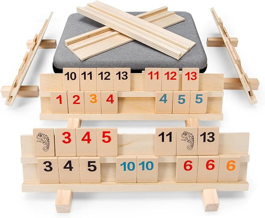 Rummy Cube Game 2-6 Players with 6 Wooden Racks/Trays and 162 Wood Rummy Cards, Bright and Large Number Edition Rummy Tiles and Portable Case, Classic Rummy Set for Adults and Family