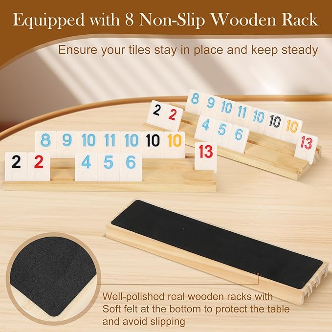 8 Players Rummy Game Set, 214 Melamine Tiles, 8 Wooden Racks, Drawstring Bag, Premium Portable Case, Tile Board Games for Adults, Travel, Birthday Gifts for Men Women Dad Mom