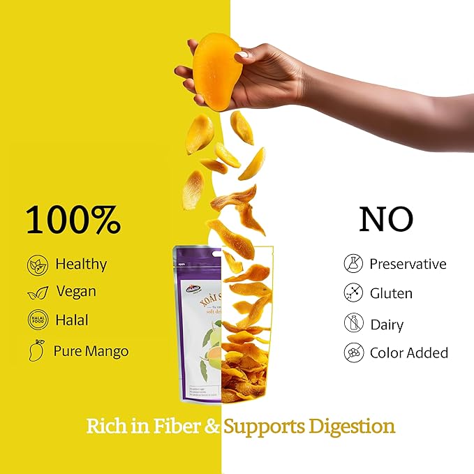 Vinamit Soft Dried Mango | No Sugar Added Mango Slices | 3.5 oz Bag | Naturally Sweet, Vegan, Non-GMO, Gluten-Free & Unsweetened | Rich in Dietary Fiber | Ideal for Travel, Healthy Snacking