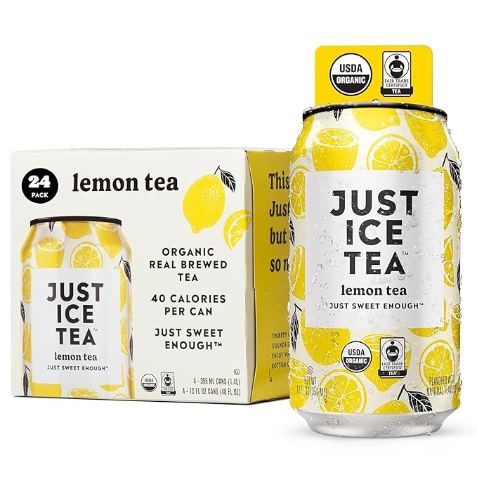 Just Ice Tea, Lemon Flavored Black Iced Tea, 24-Pack (12oz Cans), USDA Certified Organic, Real Brewed, Low Calorie, No Artificial Sweeteners, Fair Trade, Made in USA.