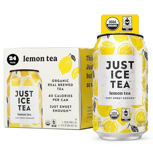 Just Ice Tea, Lemon Flavored Black Iced Tea, 24-Pack (12oz Cans), USDA Certified Organic, Real Brewed, Low Calorie, No Artificial Sweeteners, Fair Trade, Made in USA.