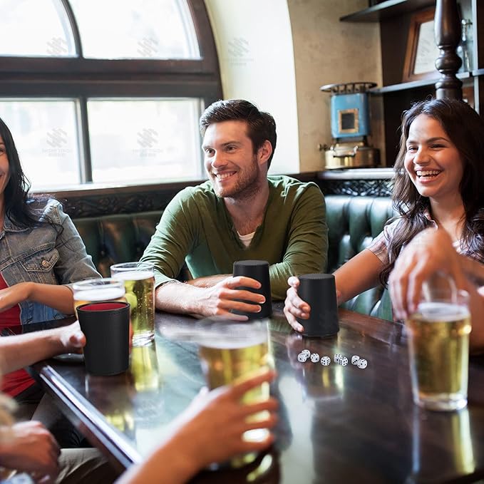 Leather Dice Cup Set, 6 Dice Cups+30 Dice+1 Folding Tray Exclusive Storage and Transport Case Made of Faux (Black Red)