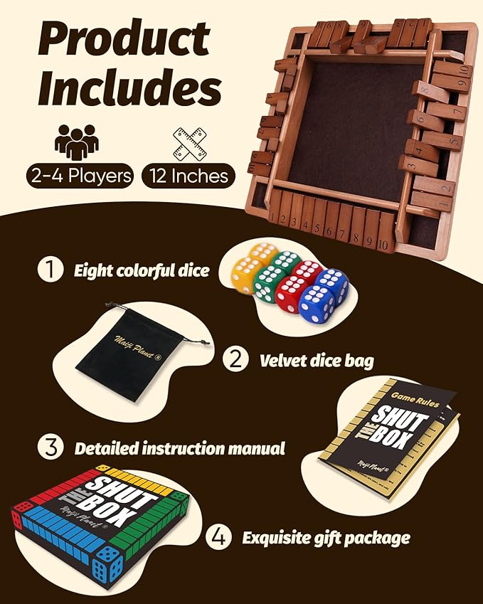 Large Shut The Box for 2 4 Players Math Family Game Night Quick Dice Game for Party Camp Bar Travel Class School Wooden Table Top Board Game for Adults Kids Couple Elder 12" Classic