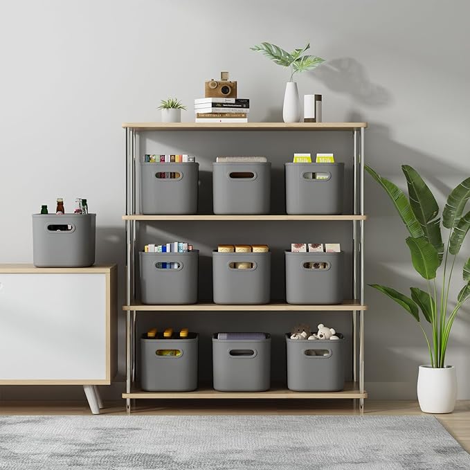 8 Pack Dark Grey Storage Bins with Lids Stackable Storage Container for Organizing, Storage Boxes with Handle for Shelves, Cute Organizer Bins for Craft, Snacks, 9.85x6.9x5.7 inch