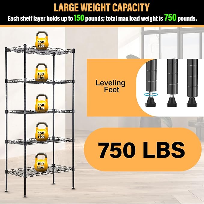 5-Tier Shelves Height Adjustable Storage Shelves Shelving Unit 11”Dx21”Wx48”H Wire Shelving NSF Certified Storage Shelf with Leveling Feet for Home Kitchen Garage, Black