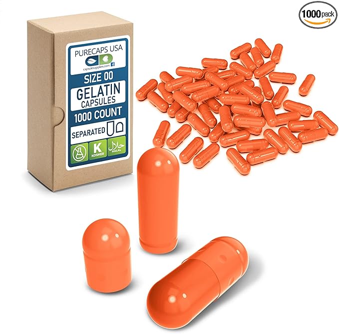 Purecaps USA - Empty Gelatin Pill Capsules Size 00| 1,000 Separated Pills| Orange | Non-GMO Certified | SLS, Gluten, Preservative Free