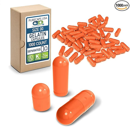 Purecaps USA - Empty Gelatin Pill Capsules Size 00| 1,000 Separated Pills| Orange | Non-GMO Certified | SLS, Gluten, Preservative Free