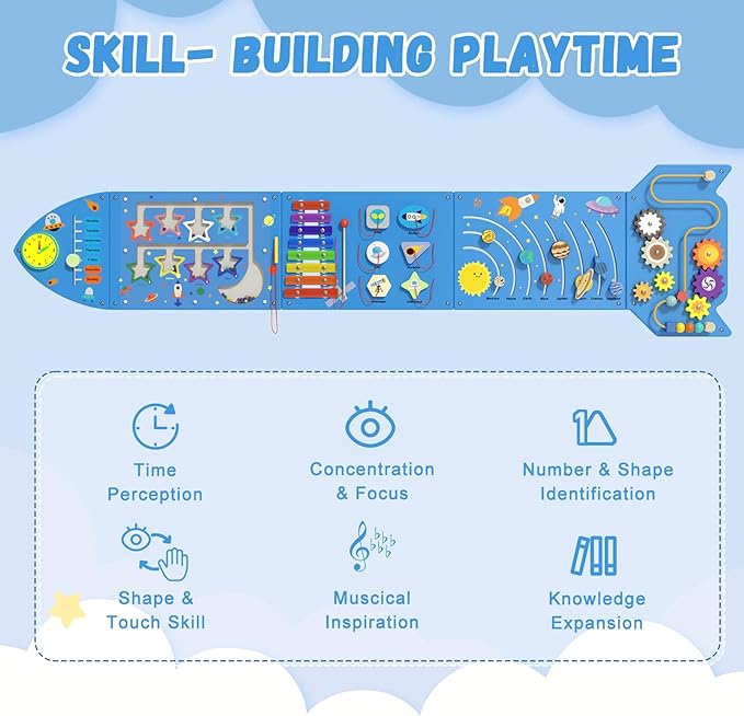 Rocket Sensory Wall Panel - Montessori Toddler Activity Cube, Blue
