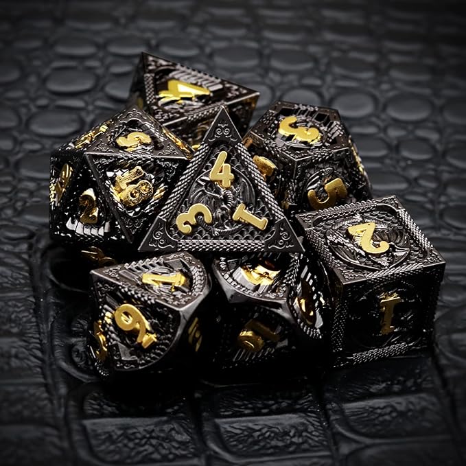 Haxtec Metal DND Dice Set Black Gold Metal D&D Dice with Fire-Breathing Dragon Elements & Leather Dice Bag Polyhedral Dice for Dungeons and Dragons TTRPG Gifts…
