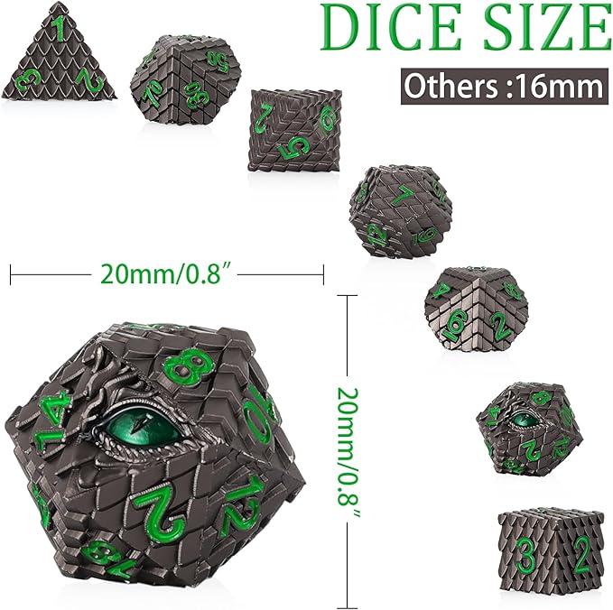 Metal Dice Set D&D,7 PCS Dragon Scale Metallic DND Dice Set,Dragon Eye Metal Dice with Grogeous Gift Case for Dungeons and Dragon Tabletop Game (Black Dragon Scale & Green Eye)