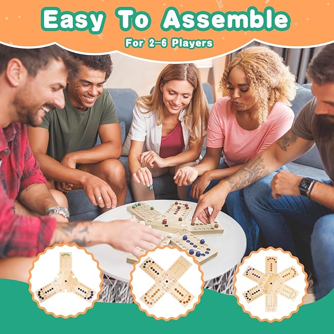 JEVERGN Marble Board Game Set, Portable Fast Track Game, Wooden Board Games for 2-6 Players, with 36 Marbles and 12 Dice (6 Colors) for Family Friends, Party Game Night