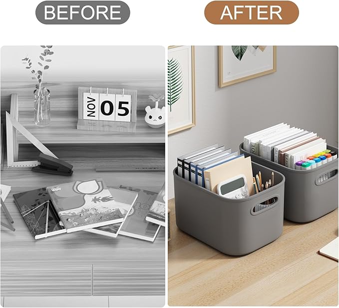 8 Pack Dark Grey Storage Bins with Lids Stackable Storage Container for Organizing, Storage Boxes with Handle for Shelves, Cute Organizer Bins for Craft, Snacks, 9.85x6.9x5.7 inch