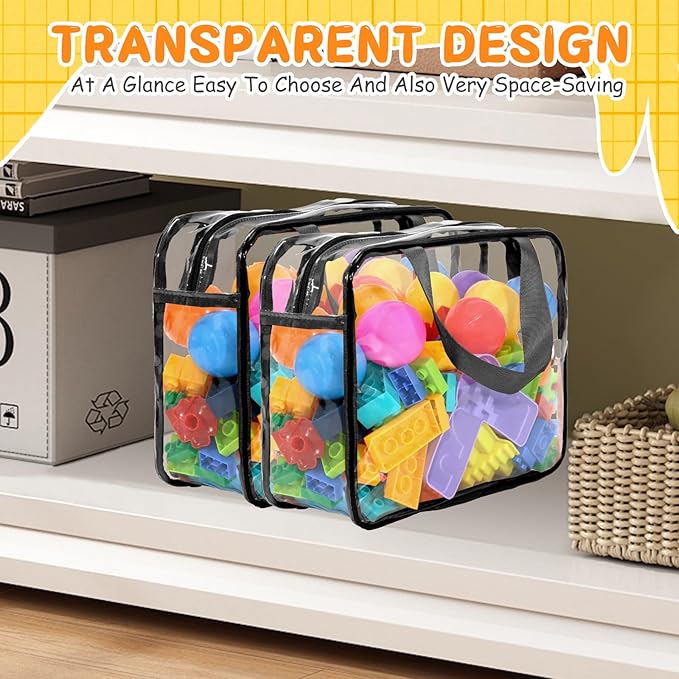 9 Pcs Toy Storage Bags, Clear PVC Toy Organizer Bag Include 6Pcs Large Handheld and 3Pcs Medium Zipper Bags with Labels for Organizing Board Game, Building Blocks (Black)