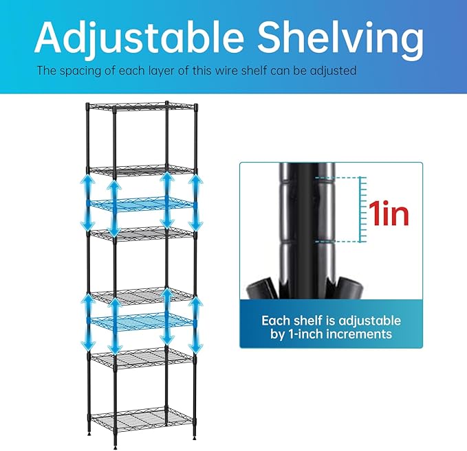 6 Tiers Wire Shelving 12" Dx17 Wx64 H Metal Frame Storage Shelves Easy Setup NSF Certified Storage Shelf Rack Shelf with Leveling Feet for Home Garage Kitchen Pantry, Black