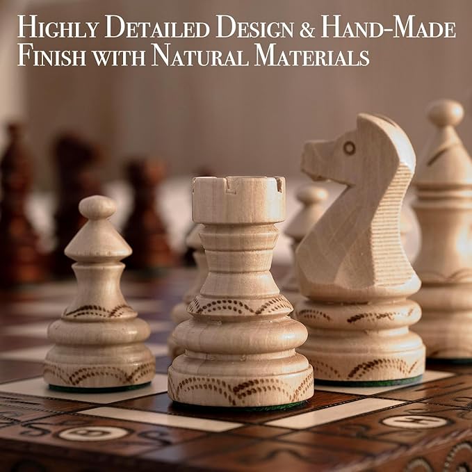 Wegiel Imperator 21-Inch Luxury Wooden Chess Set for Adults and Kids - Handcrafted from Premium Beech and Birch Wood - Unique Folding Design with Chess Piece Storage, Brown