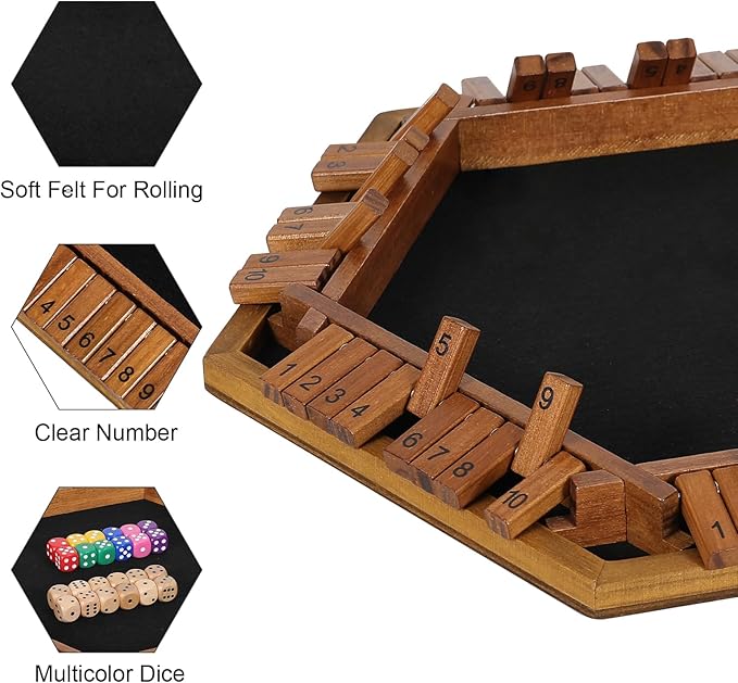 Upgraded 1-6 Player Shut The Box Dice Game with 12 Dice+Bonus Wooden 12 Dice, Classic Wooden Board Table Math Game for Adults,Kids/Tabletop Board Games for Classroom,Home,Party or Pub