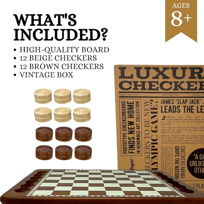 Regal Games Luxury Checkers Board Game for Adults & Kids - Classic Wooden Board Game Set with 24 Checkers Pieces - Travel and Portable Table Games (Ages 8+)