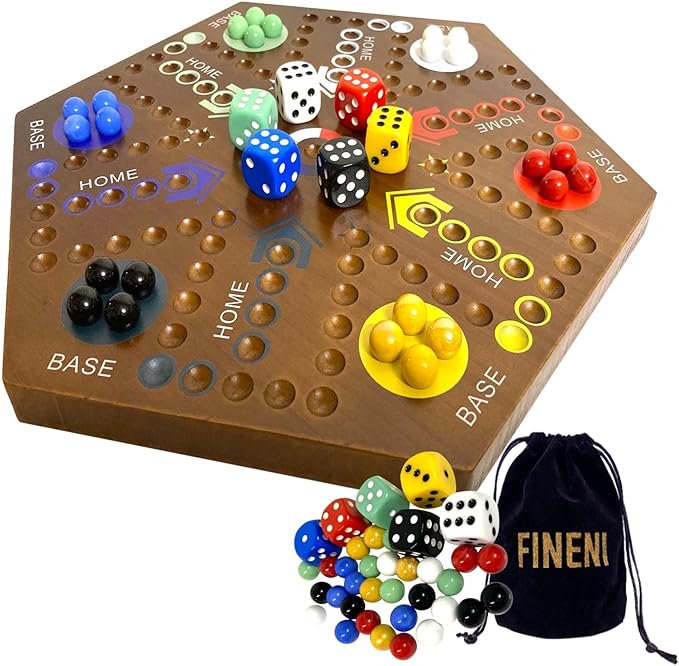 Wooden Board Games, Marble Board Game Original with Dual Sides Fast Track Board Game for 2 to 6 Players, Double Side Marble Game, 6 Colors 30 Marbles Set and 6 Color 6 Dice,Pouch (16" Dark)