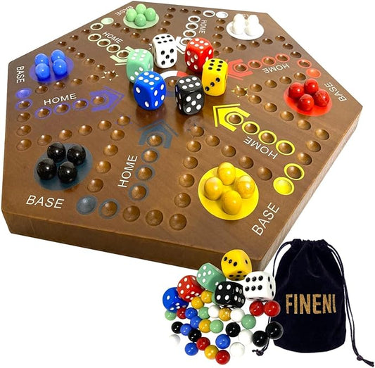 Wooden Board Games, Marble Board Game Original with Dual Sides Fast Track Board Game for 2 to 6 Players, Double Side Marble Game, 6 Colors 30 Marbles Set and 6 Color 6 Dice,Pouch (16" Dark)
