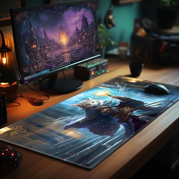 Playmat 24" x 14" Game Mats Tabletop Magic for MTG/TCG Cards, Trading Card Game Playing Stitched Play Mats Commander Deck Gaming Desk Mat Card Gameplay Mats, Cat Wizard Casting Spell