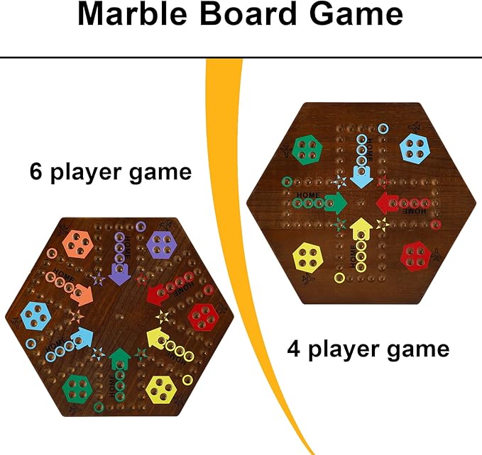 Wahoo Marble Board Game 4 and 6 Players 2 Sided Painted Thicken Wood Board Game for Family Friends Party