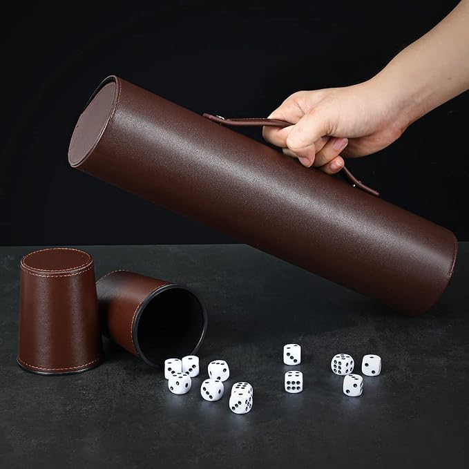Party Games Leather Dice Cup Set, 5 Black Dices Cups + 25 Dice + Exclusive Storage and Transport Case Made of Faux