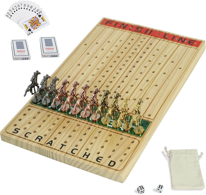Horse Race Board Game Racing Game Thickened Solid Wood with 11 Luxurious Durable Classic Metal Horses with 2 Dice and 2 Boxes of Cards Horse Racing Game (Log Color, Rectangle)