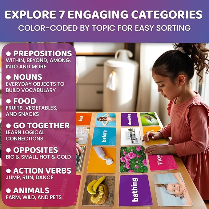 QUOKKA 364 Flash Cards for Kids and Adults - Real-Life Large Preschool Flash Cards for Speech Therapy, ABA Therapy, ESL Teaching, Pre-K to 3rd Grade, 7 Vocabulary Building Categories with Prepositions