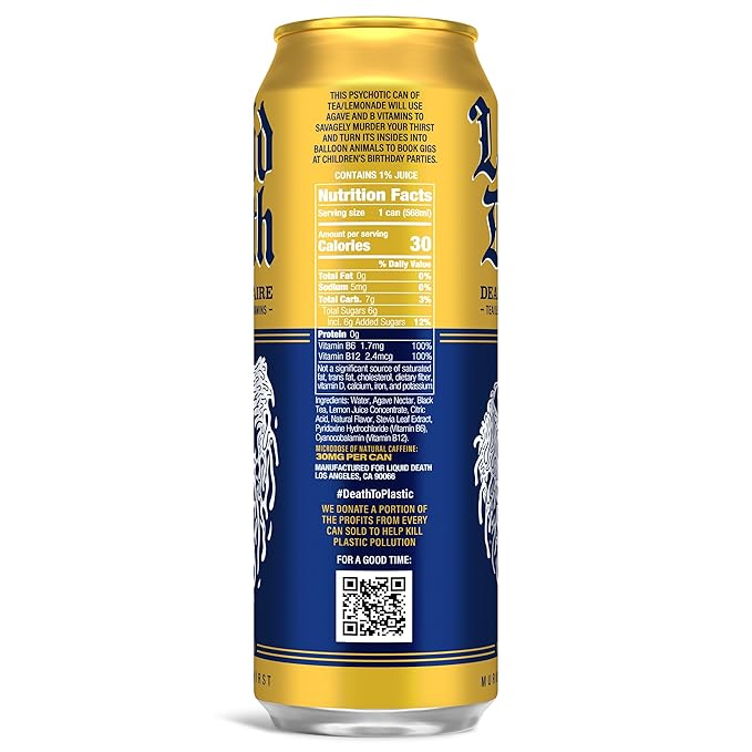 Liquid Death, Dead Billionaire Iced Tea, 8-Pack (19.2oz Cans), Half Lemonade Half Black Tea, Low Calorie, No Artificial Sweeteners, B12 & B6 Vitamins