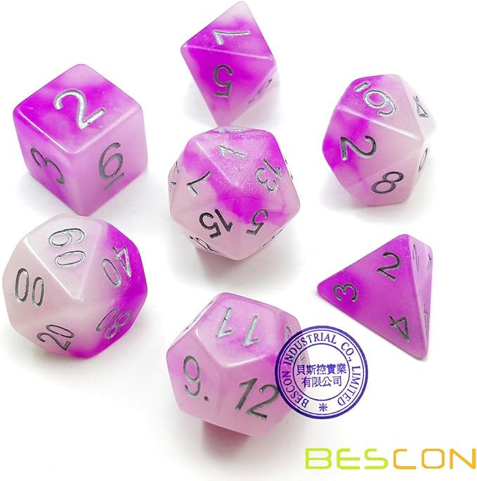 Bescon Two Tone Glowing Polyhedral Dice 7pcs Set Frosty Amethyst, Luminous RPG Dice Glow in Dark, DND Role Playing Game Dice