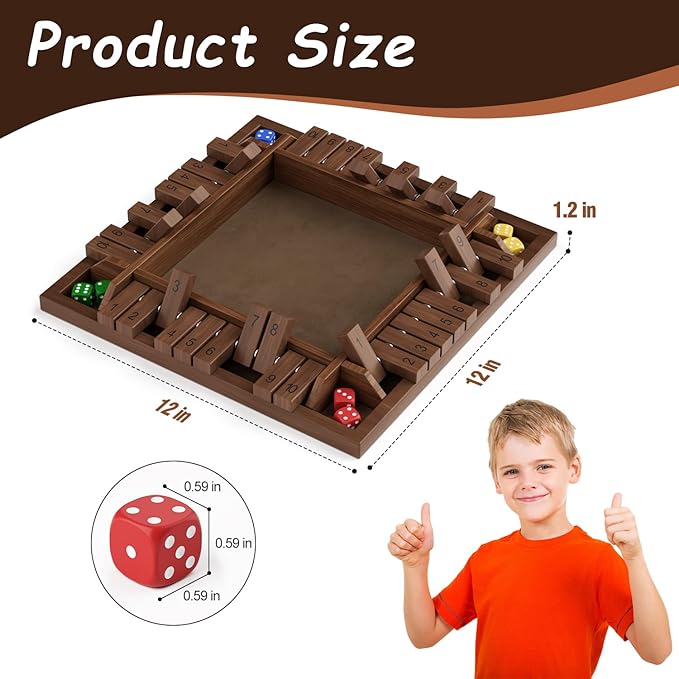 Shut The Box Game Wooden 1 2 3 4 Players Shut The Box Board Games with 8 Dice Math Addition and Pub Close The Box Game Wodden for Kids & Adults 12 Inch