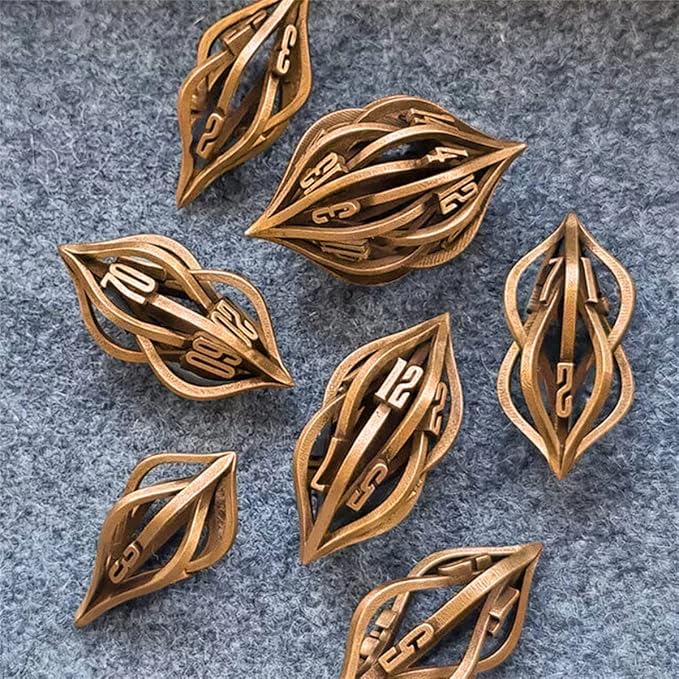 Thyggzjbs The Arcanum Dice Set for Table Games,3D Printed Carved Metal Dice Set Hollow Polyhedral DND RPG MTG Game Dice Set,Creative Craft Decoration,dice Game for Families and Friend (Ancient Gold)