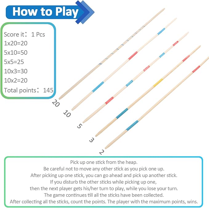 Large Pick Up Sticks, 19.60 Inch Wooden Pick Up Sticks Game for Kids, Classic and Funny Family Game (3 Pack Large Pick Up Sticks)