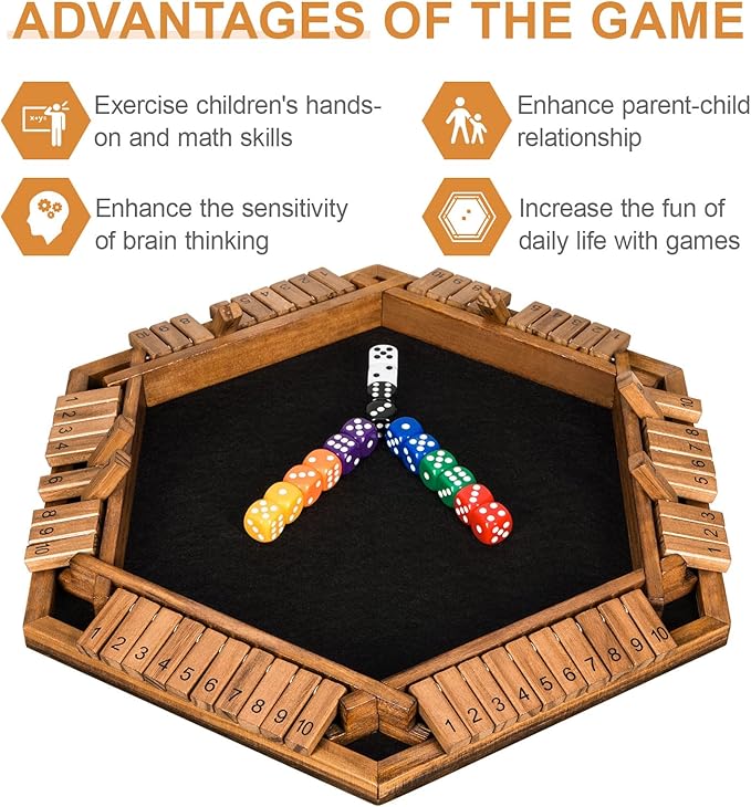 1-6 Players Shut The Box Dice Game, Wooden Board Table Math Game for Kids Adult with 24 Dice, Close The Box Game for Family, Party, Christmas, Birthday