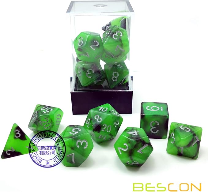 Bescon Two-Tone Glow-in-The-Dark Polyhedral Dice Set Spooky Rocks, Luminous RPG Dice Set d4 d6 d8 d10 d12 d20 d% Brick Box Pack