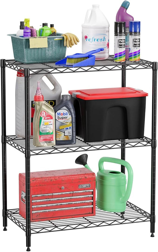 FDW 3-Shelf Adjustable,Storage Shelves Wire Shelving Shelving Unit Metal Shelves Storage Shelf,13" D x 23" W x 30" H,Black