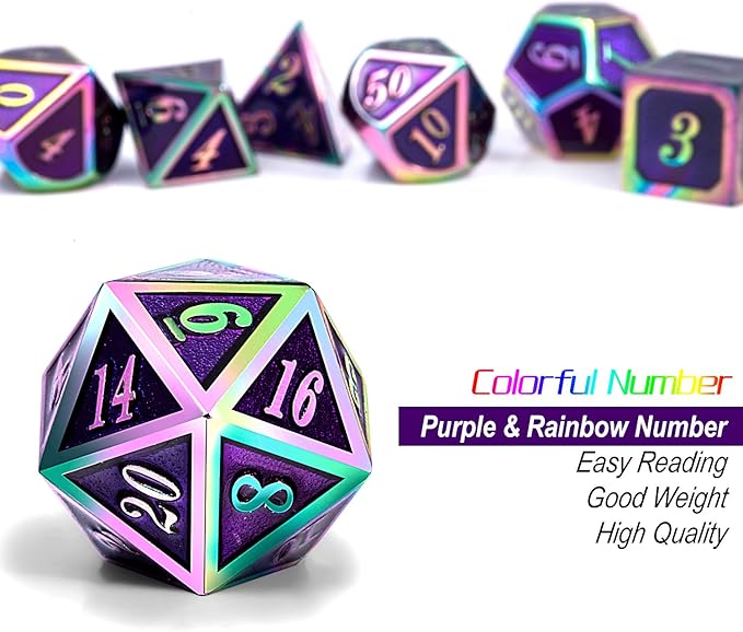 Purple Metal Dice Set D&D, DNDND 7 Die Enamel Polyhedral DND Dice Set with Metal Tin for Dungeons and Dragons and Role Playing Game