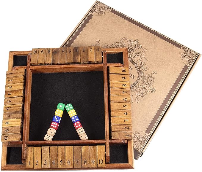 AMEROUS 1-4 Players Shut The Box Dice Game, Wooden Board Table Math Game with 12 Dice and Shut-The-Box Instructions for Kids Adults, Family Classroom Home or Pub (12 Inches)