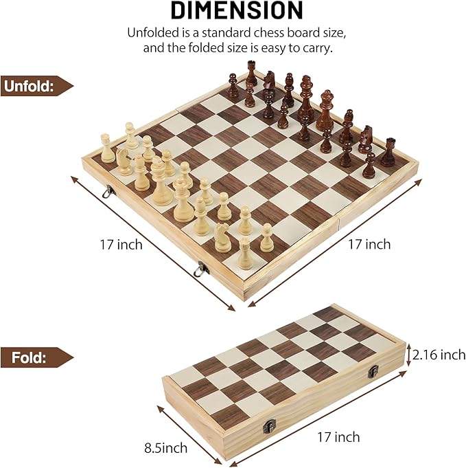 LEAP Wooden Chess Set 17" Inches - 2 Extra Queens - Folding Board Raised Edge, Handmade Portable Travel Chess Board Game Sets with Game Pieces Storage Slots - All Age Chess Set for Adults and Beginner