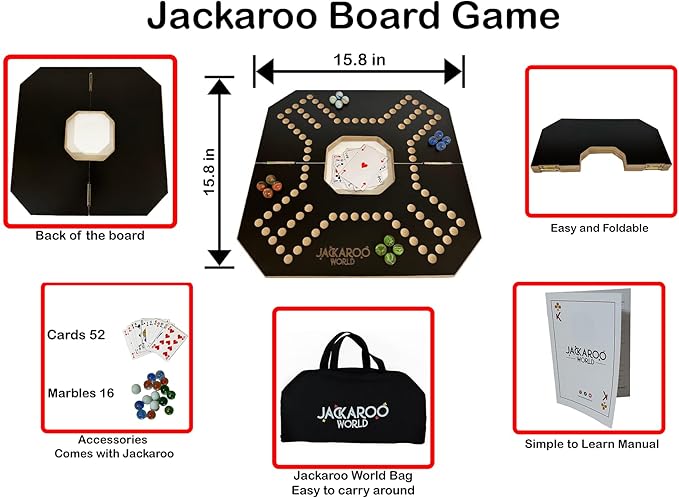 Jackaroo Board Game - 2-4 Player Cards and Marbles Board Games - Marble Strategy Game - Carbles Game - Marbles and Jokers Board Game Wooden Wahoo Game Board - Dirty marbles wood Strategy Games (Black)