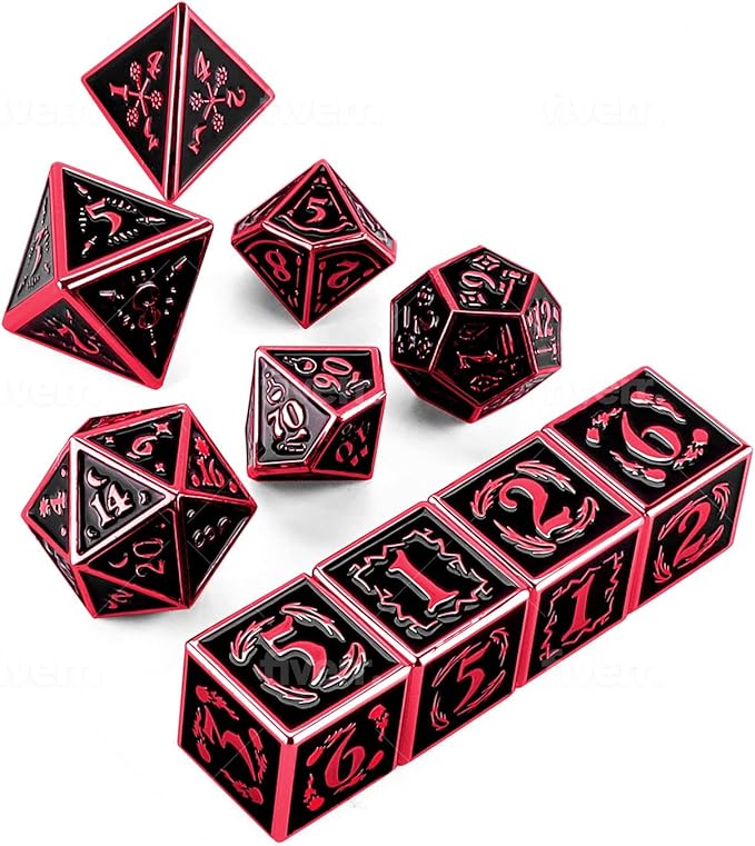 Metal Dice Set Collection for DND and All TRPG Games (Nightwatch, Red 10 Set)