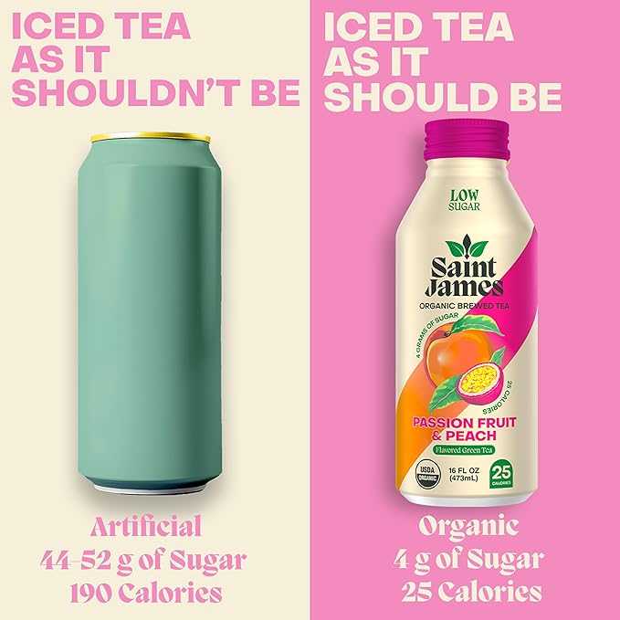 Saint James Iced Tea - Organic Green Tea - Non GMO, Gluten Free, Low Calorie & Low Sugar - Passion Fruit & Peach, 12 Pack (16 fl oz each)