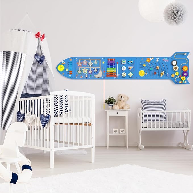 Rocket Sensory Wall Panel - Montessori Toddler Activity Cube, Blue