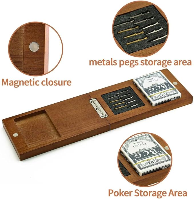 Wooden Cribbage Board Game Set, Travel Cribbage Board with Storage and Collapsible, with Magnetic Lock / 9 Metal Pegs/Full Deck of Cards, Family Board Games for Kids and Adults