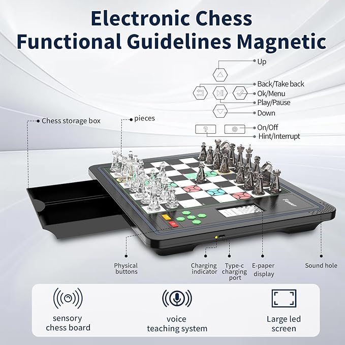 Electronic Chess Set, Computer Chess Game, Chess Set Board Game, Electronic Chess Game, LEDs, Built-in Battery, Great Partner for Play and Practice