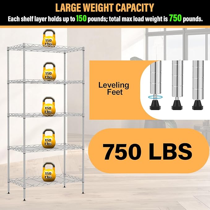 5-Tier Shelves Height Adjustable Storage Shelves Shelving Unit 21”Dx11”Wx48”H Wire Shelving NSF Certified Storage Shelf with Leveling Feet for Home Kitchen Garage, Chrome