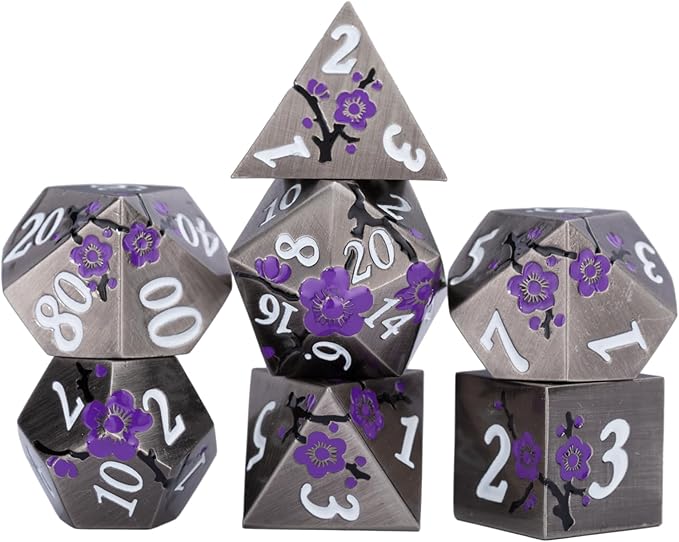 Black Metal DND Dice Set with Gift Case for Dungeons and Dragon, 7 PCS Solid Metal Dice for Tabletop Game(Antique Nickel-Purple)