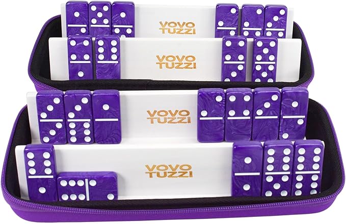 Dominos Set for Adults, Double 6 Dominoes Set with 4 Domino Wooden Racks, Marble Purple Dominos for Kids and Adults with Portable Travel Case, Classic Board Games for Family