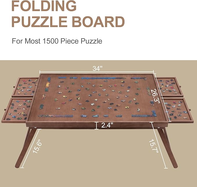 TEAKMAMA 1500 Piece Wooden Jigsaw Puzzle Board with 4 Drawers, Folding Puzzle Table with Protective Cover, Jigsaw Board with Legs, Multifunctional Game Table for Adults, 34W x 26.3D, Chocolate Brown