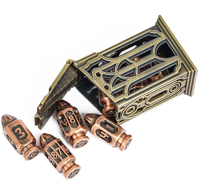 UDIXI Metal DND Bullet Dice Set with Metal Container, 7-Die Polyhedral Dice Set Cyberpunk Style for D&D, Role Playing Game or Other Tabletop Games（Ancient Copper）